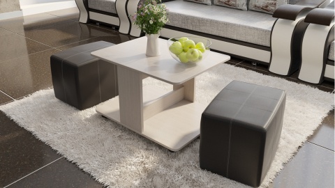 Стол Журнальный с Пуфиками «Капри» Стол Журнальный с Пуфиками «Капри» Дуб Белфорт/Кож.зам Коричневый/Ш-600× Д-800 × В-500 мм