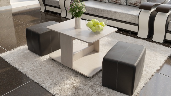 Стол Журнальный с Пуфиками «Капри» Стол Журнальный с Пуфиками «Капри» Дуб Белфорт/Кож.зам Коричневый/Ш-600× Д-800 × В-500 мм