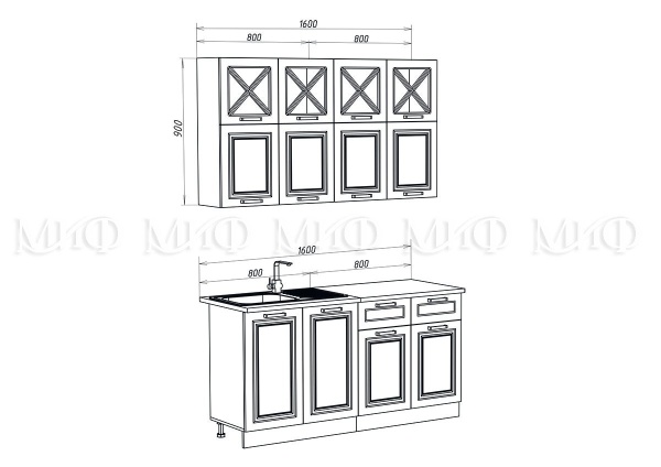 Кухонный Гарнитур Кармен New  №4 МДФ 1600 мм (Высота верхних ящиков 900 мм)